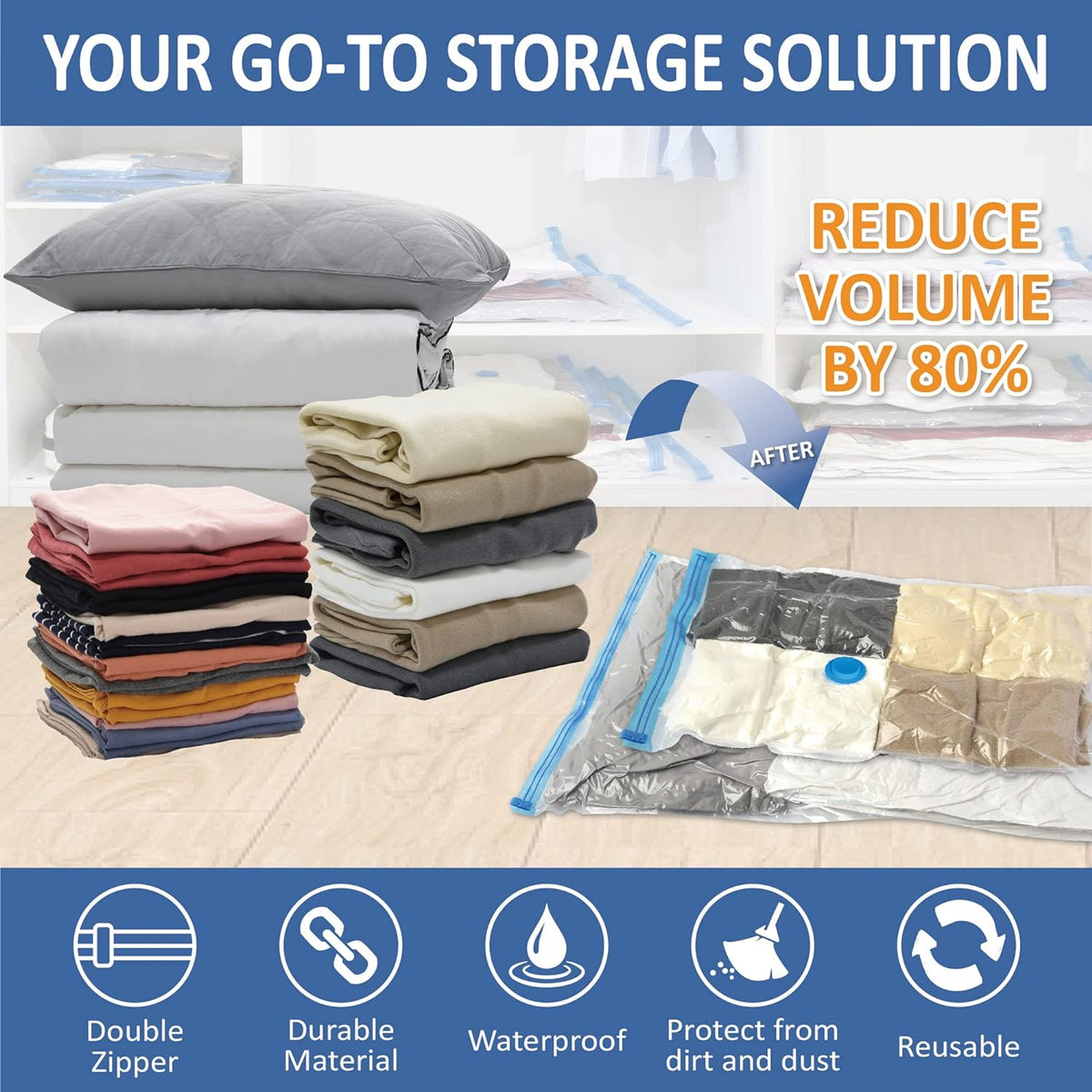 8 Jumbo Vacuum Storage Bags, Space Saver Bags Compression Storage Bags for Comforters and Blankets, Vacuum Sealer Bags for Clothes Storage, Hand Pump Included