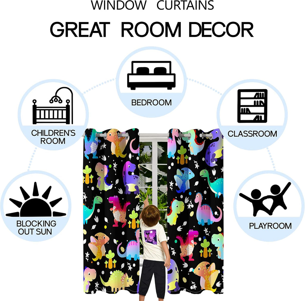 Dinosaur Curtains for Boys Bedroom, Cartoon Dinosaurs Blackout Curtains, Cute Dino Print Window Curtains Dinosaur Room Decor for Boys Kids Curtain Panels Set, 2 Panels, 82" x 63"