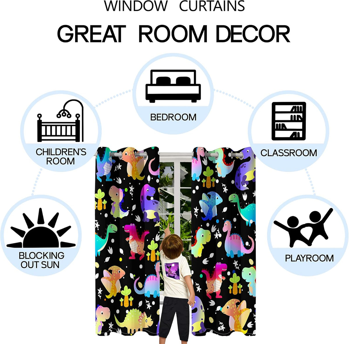Dinosaur Curtains for Boys Bedroom, Cartoon Dinosaurs Blackout Curtains, Cute Dino Print Window Curtains Dinosaur Room Decor for Boys Kids Curtain Panels Set, 2 Panels, 82" x 63"