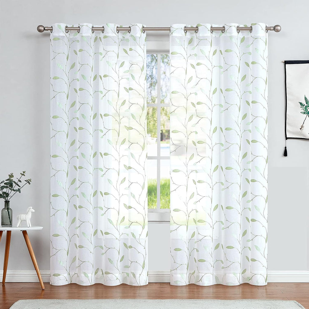 Embroidered Sheer Curtains Floral Leaf White Sheer Curtain for Bedroom Living Room Kitchen Rustic Voile Drapes Privacy Window Treatment Set of 2 Panels 96 Inches Long Grommet Top Green on White