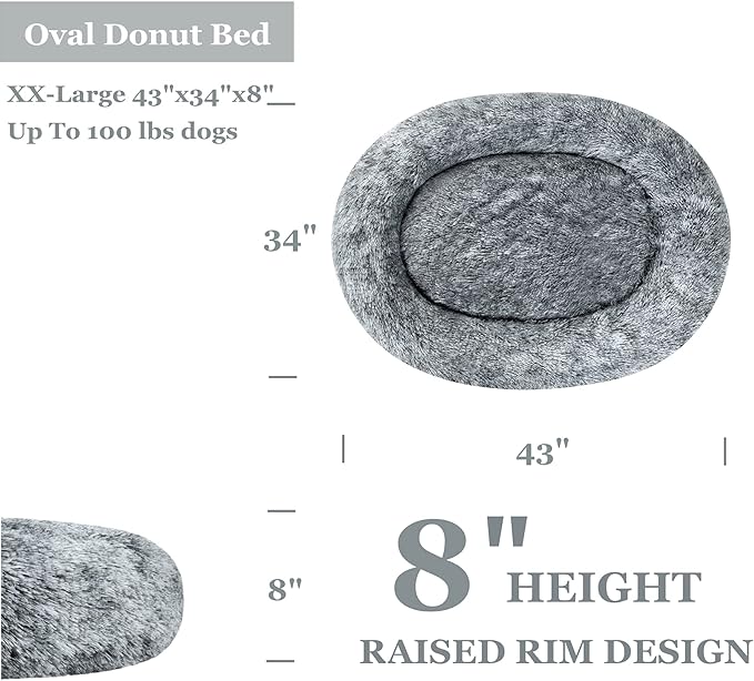 Coohom Oval Calming Donut Cuddler Dog Bed,Shag Faux Fur Cat Bed Washable Round Pillow Pet Bed(30"/36"/43") for Small Medium Dogs (XXL(43"x34"x8"), Grey)