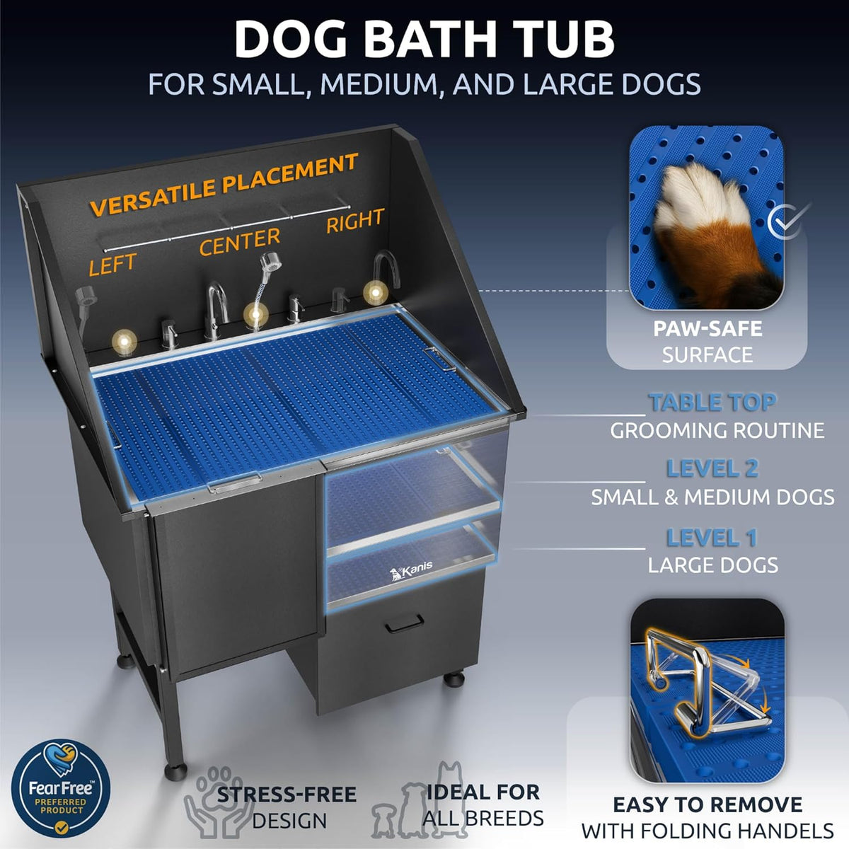 KANIS Black Line Professional Dog Washing Station - 304 Stainless Steel Pet Wash Sink & Grooming Bathtub w/Shower, Floor Grates and Storage for Large, Medium & Small Pets (40", 1 Drawer - Left Ramp)