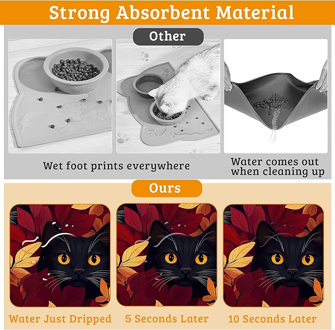 Dog Bowl Mat,Black Cat Pet Feeding Mat for Floors Waterproof,Forest Red Absorbent Dogs Placemat for Food and Water Quick Dry Pet Cat Feeding Mats with Non Slip Bottom 16" x 24"