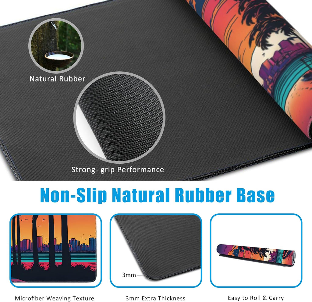 Mouse Pad,Orange Purple Miami Landscape Desk Mat for Desktop,Desk Pad with Non-Slip Base and Stitched Edge,Extended Mousepad for Office and Home 35.4X15.7 Inch
