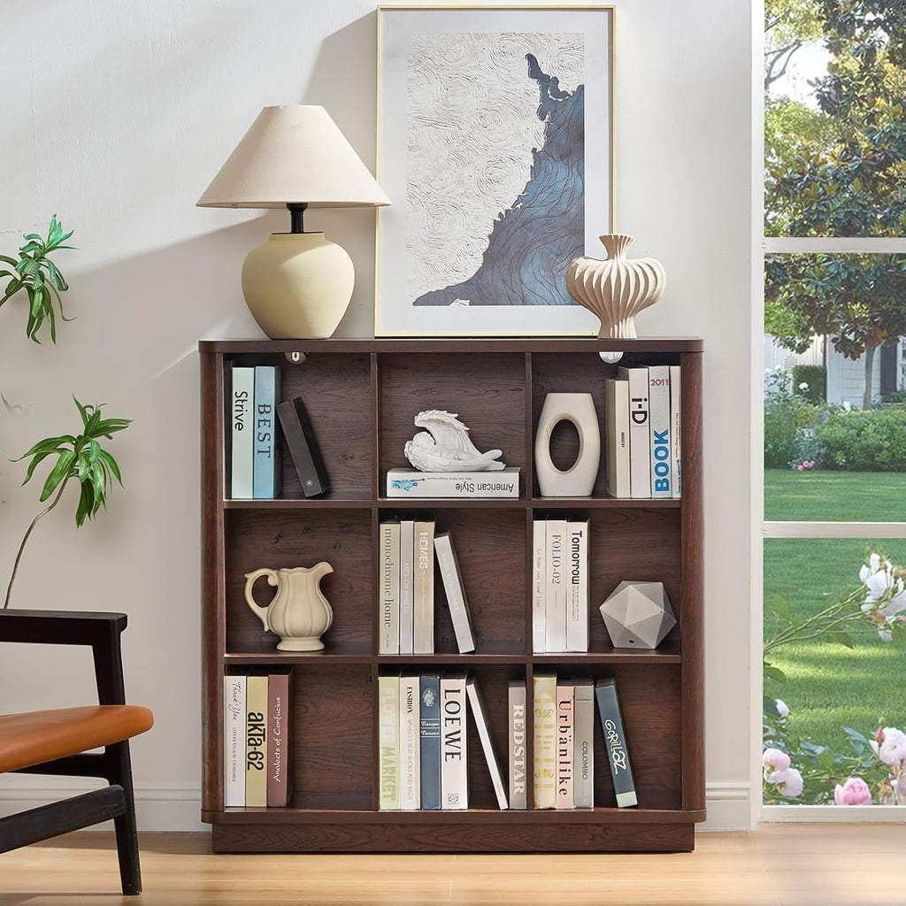 9 Cube Bookshelf, 41" Tall Organizer Bookcase with Curved Edge, Wood Floor Standing 3-Tier Cubby Book Shelf with Base, Vinatge Display Storage Cabinet for Living Room, Home Office, Walnut