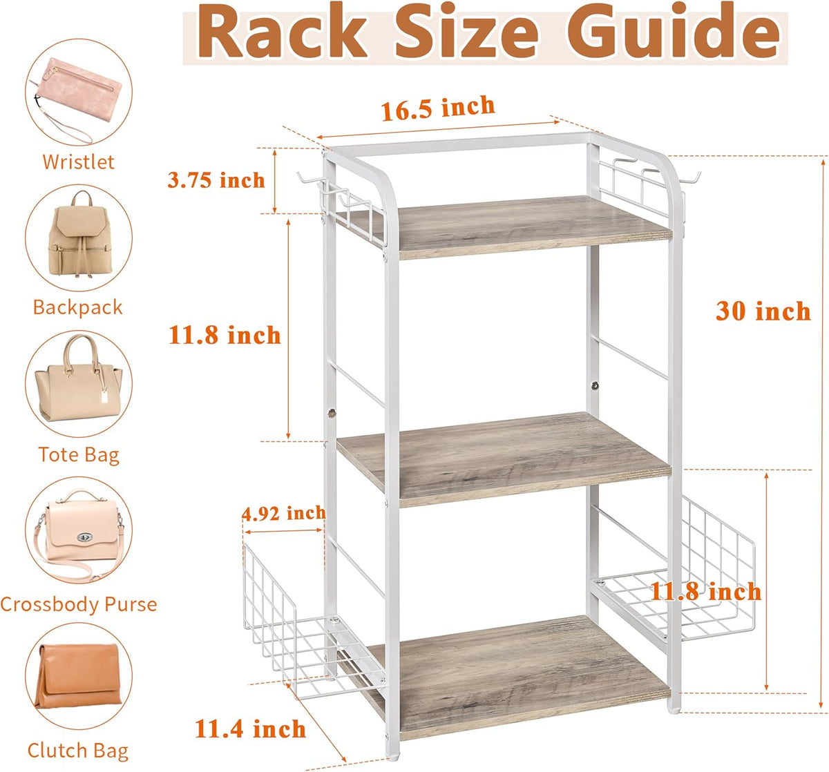 White Purse Organizer, 3-Tier Floor Standing Bag Rack Stand Featuring Side Hooks and Baskets, Adjustable Feets, High Capacity Metal & Wood Handbag Holder Design for Closet Storage, Patent Pending