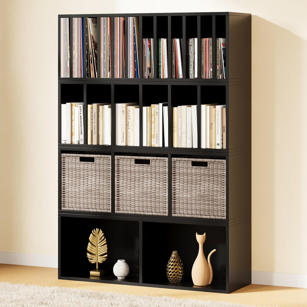IOTXY DIY Modular Cube Bookcase - CubeXY Customizable Stackable Expandable Combination Set, 23-Cube Open Bookshelf for Books, Fabric Storage Bin, and Vinyl Record Organizer, Black