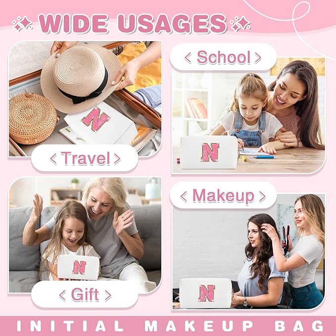 Small Personalized Initial A-Z Patch Makeup Bag,White Cute PU Leather Glitter Letter Cosmetic Bag for Teen Girls,Travel Toiletry Bag with Zipper,Preppy Monogrammed Birthday Gift for Daughter Niece N