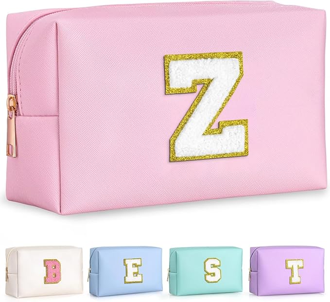 TOPEAST Preppy Makeup Bag, Small Cosmetic Travel Bags for Women, PU Leather Waterproof Toiletry Bag with Zipper, Personalized Birthday Gift for Women Girl, Preppy Gifts for Girl (Pink Z)