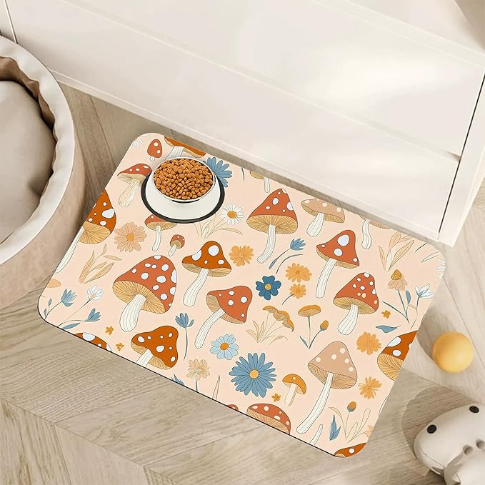 Cute Mushroom Flower Dog Cat Food Mat,Absorbent Pet Feeding Mat with Rubber Backing,Non-Slip Water Bowl Placemat,Indoor Pet Accessories Supplies 16"x24"
