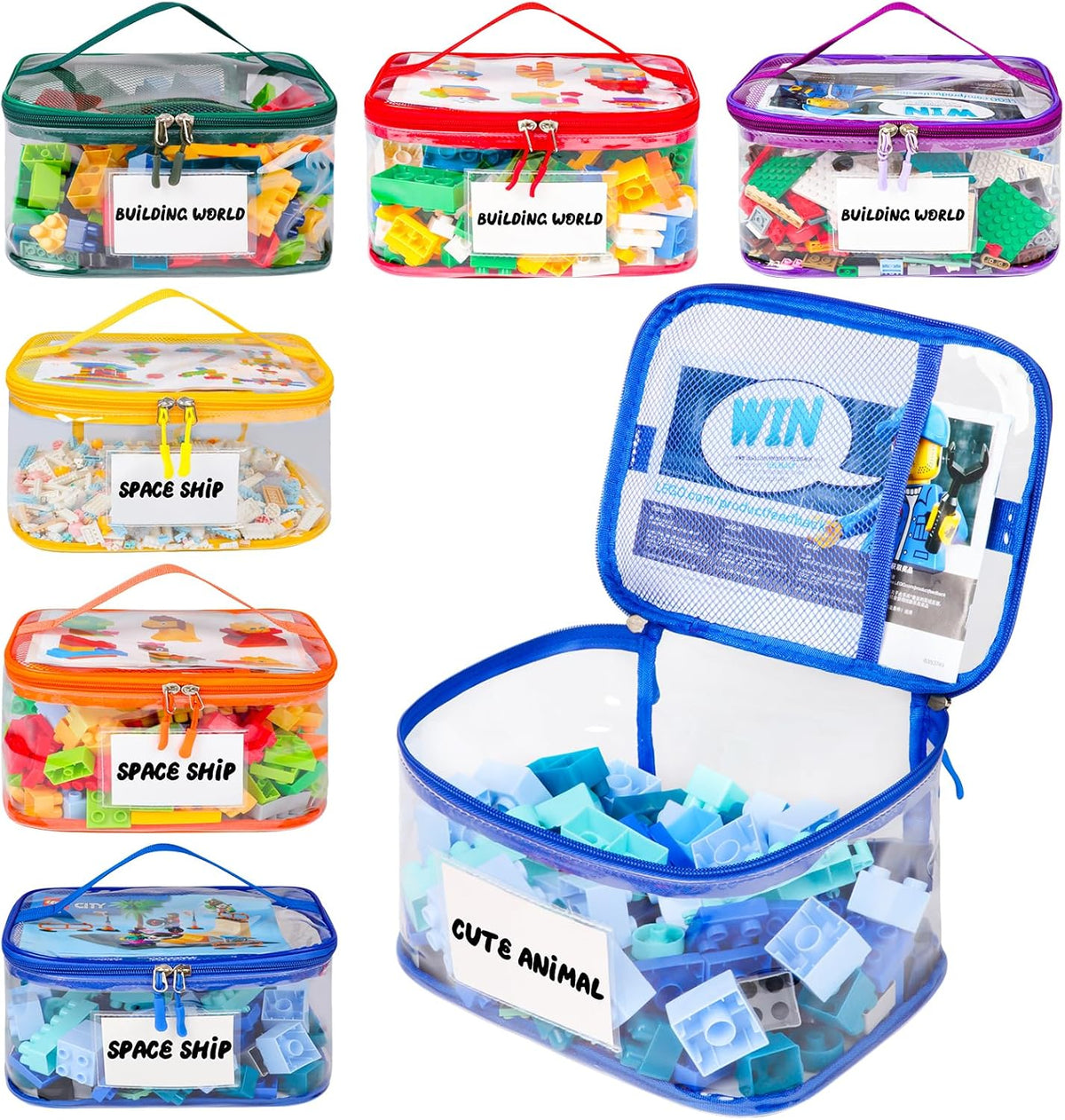 6 Pack Clear Toy Storage Bag with Name Tag& Manual Pocket, Waterproof Transparent PVC Toy Organizer Case for Lego Bricks, Board Games, Building Blocks, Puzzles (Large Capacity, Colorful)