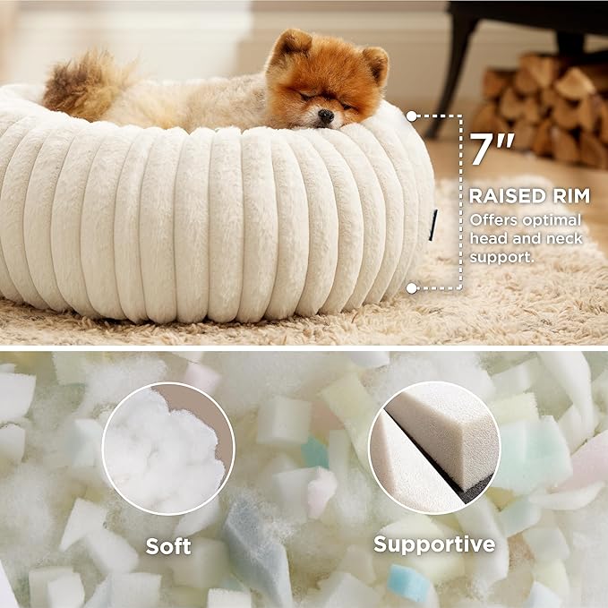 Bedsure Donut Small Dog Bed - Dog Beds for Small Dogs with Corduroy Fleece & Anti Slip Bottom, Round Faux Fur Pet Beds with Washable Removable Cover, Cream, 23x23x7 inches