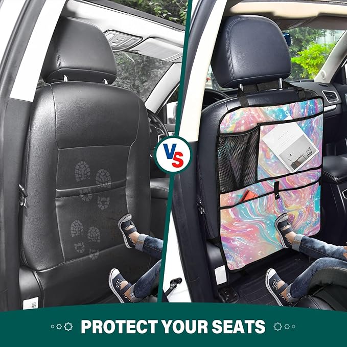1 Pack Back Seat Car Organizer with Storage Pockets Kick Mats Back Seat Protector Hanging Car Organizer Automotive Seat Back Cover Organizers Pink Liquid Gradient