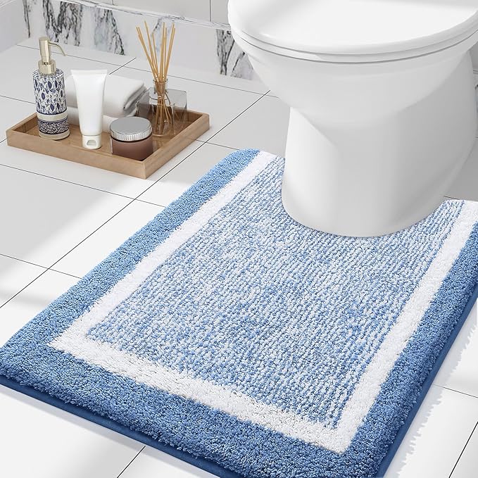 OLANLY Toilet Rugs U-Shaped 24x20, Extra Soft and Absorbent Microfiber Bathroom Rugs, Non-Slip, Machine Wash Dry, Plush Shaggy Contour Bath Mats for Toilet Base (Blue and White)