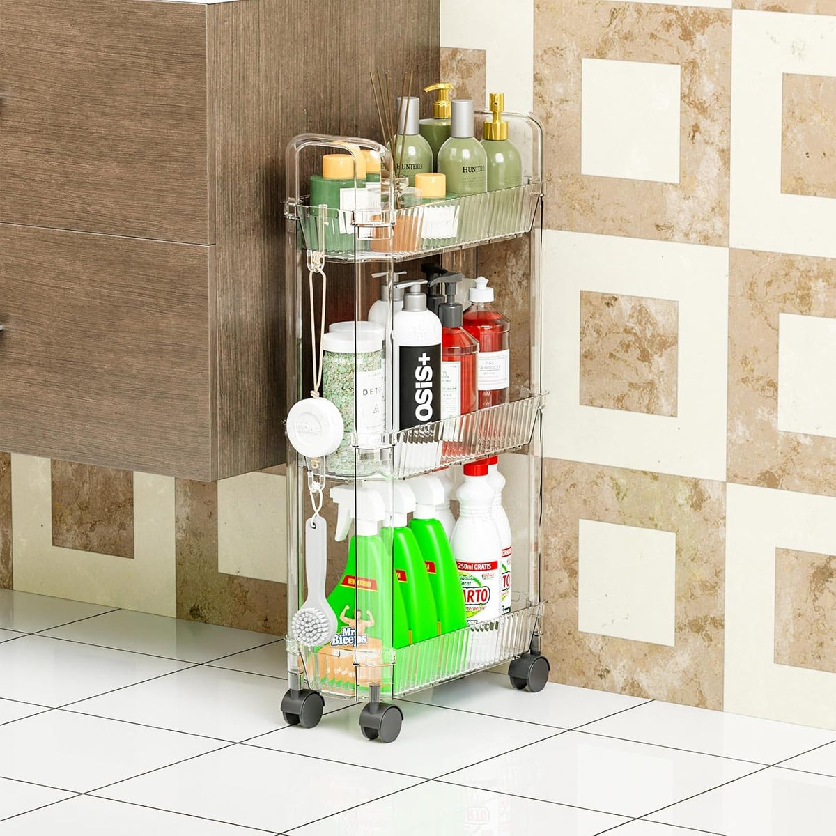 Yieach 3 Tier Rolling Cart with Wheels,Clear Narrow Bathroom Rack Organizer,Slim Storage Cart,Three Tier Thin Shelf and Narrow Rolling Utility Cart for Small Space Shelf,Dorm Room,Kitchen,Laundry