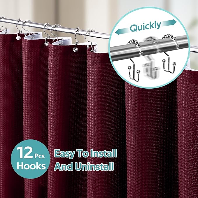 Vipfree 3 in 1 Shower Curtain Set, Waffle Shower Curtain and Liner Set with 12 Double Sided Shower Curtain Hooks, 258GSM Luxury Weighted Cloth Shower Curtains for Bathroom, 72 W x 72 H, Burgundy