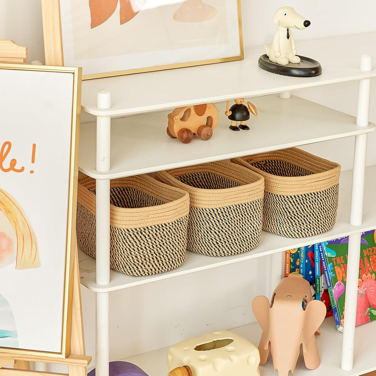 Small Cotton Rope Basket – Storage Bin for Organizing (10.6" x 6.7" x 6.7"), Bathroom Storage Basket for Shelf, Counter & Closet（Camel & Mixed Black）