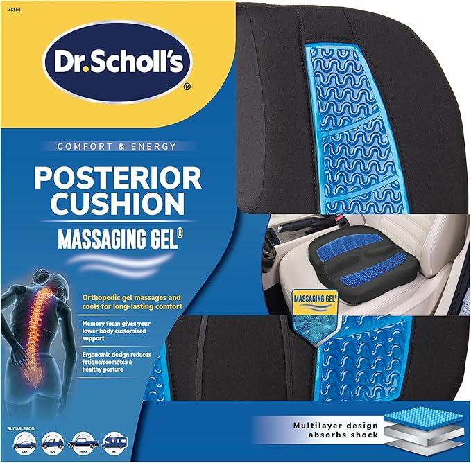 Dr. Scholl's Massaging Gel Posterior Seat Cushion for Car, Office, Home — Black