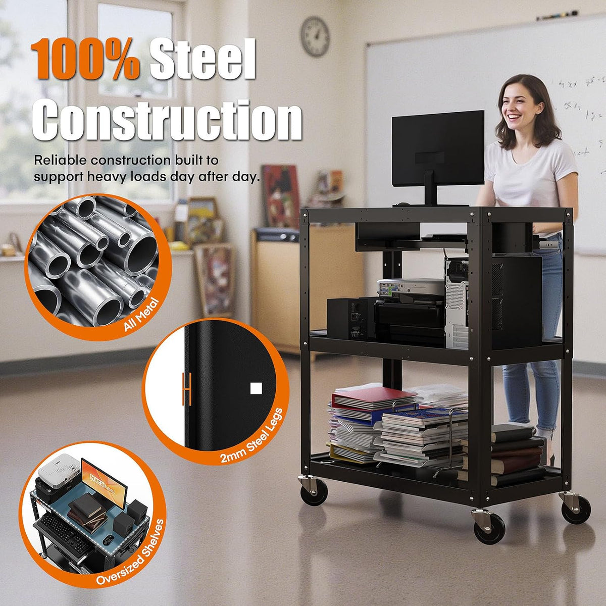 Extra-Large 3-Tier Utility Cart with Built-in Power Strip – Heavy-Duty 14-Gauge Steel Rolling Cart for Office, Workshop, or Classroom – 300 Lb Capacity (34" x 18" x 41.75")