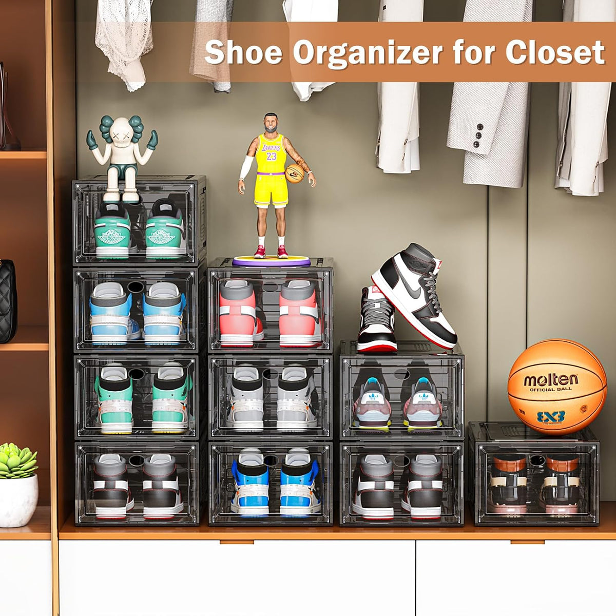 6 Pack Thicken Shoe Organizer Stackable,Upgraded Sturdy Shoe Storage Box with Magnetic Door,Shoe Containers For Sneaker Display,Hat Organizer,Black