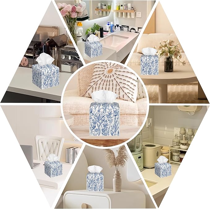 Vintage Floral Leather Tissue Box Holder Blue Flowers Tissue Box Cover Facial Paper Case Organizer Cube Napkin Dispenser for Bathroom Vanity Countertop Night Stand Office Car