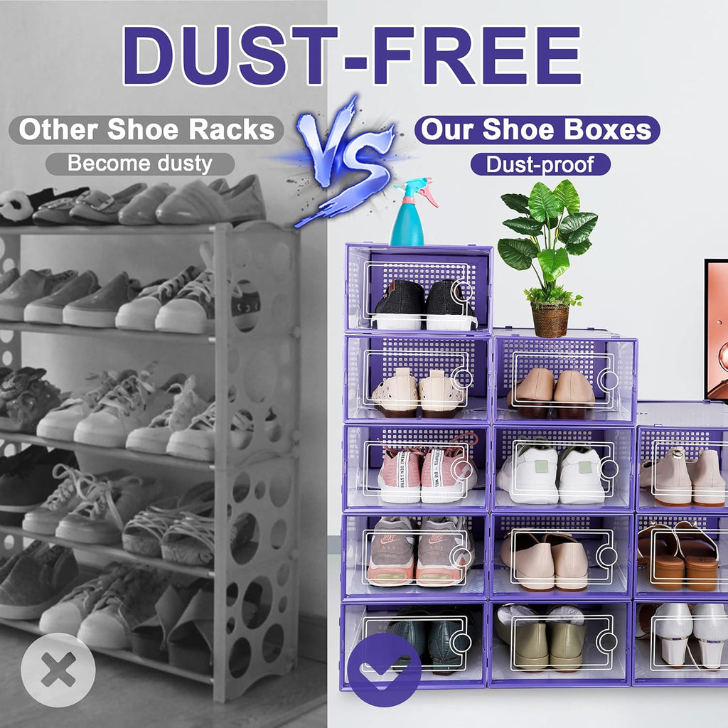 Kuject Shoe Organizers Storage Boxes for Closet, 12 Pack Clear Plastic Stackable Storage Bins with Lids, Under Bed Shoe Containers for Entryway, Drop Front, Fit up to Women's Size 10,Purple
