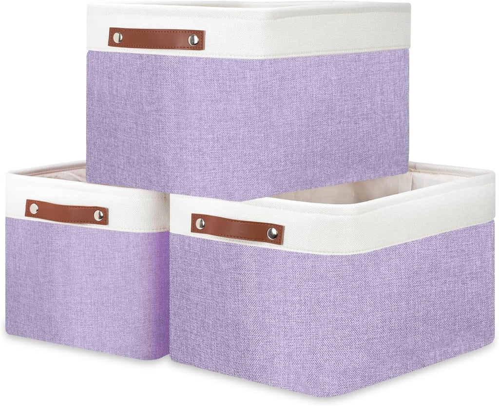 DULLEMELO Storage Baskets for Organizing, Shelves,Bedroom, Decorative Storage Bins with Leather Handles, Fabric Storage Basket for Office, Toys(3-Pack, White&Purple)