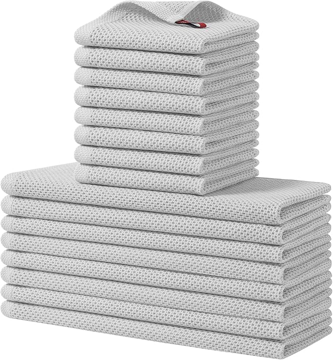 Homaxy 100% Cotton Kitchen Towels and Dishcloths Set, 12 x 12 Inches and 13 x 28 Inches, Set of 16 Bulk Kitchen Towels Set, Ultra Soft Absorbent Dish Cloths for Washing Dishes, Light Gray