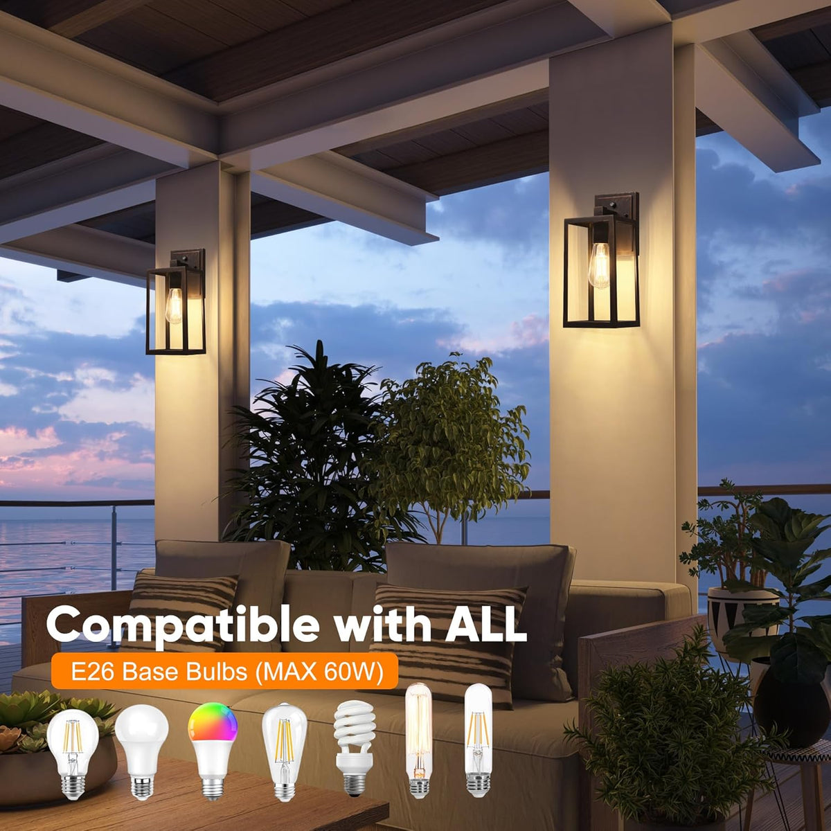PARTPHONER Dusk to Dawn Porch Light Fixtures, Black Brushed Gold Exterior Lighting Lamp, Sensor Wall Lantern, Waterproof Outdoor Wall Sconce for House Doorway, Garage 2 Pack