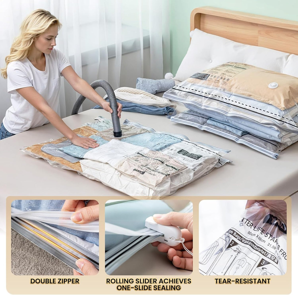 TAILI 4 Pack Vacuum Storage Bags, LONG SIDE ZIP (39x28 inch) Vacuum Seal Bags for Clothing, Jumbo Storage Space Saver for Beddings, Comforters, Blanket, Pillows and Clothes