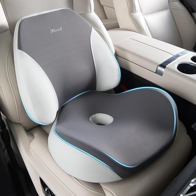 FLORICH Lumbar Support Pillow and Car Seat Cushion for Driving Car Office Chair, Memory Foam Back Support Pillow and Office Seat Chair Cushion for Sciatica Pain Relief - Grey