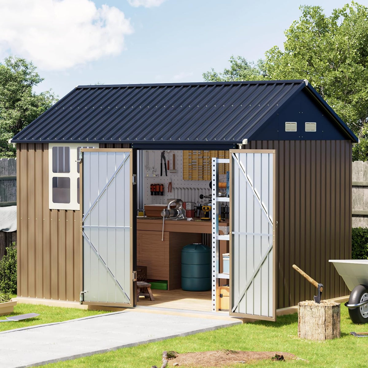 Breezz 8X10FT Outdoor Steel Storage Shed with Clear Window, Lockable Doors, Weather-Resistant Metal Tool Shed for Garden, Backyard, Patio, and Utility Storage.Brown