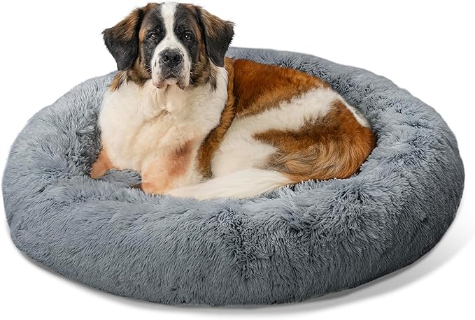 Best Friends by Sheri Original Calming Donut Dog and Cat Bed, Shag Faux Fur, Gray, XL (45in x 45in) - Anxiety Relief for Pets Up to 150 lbs