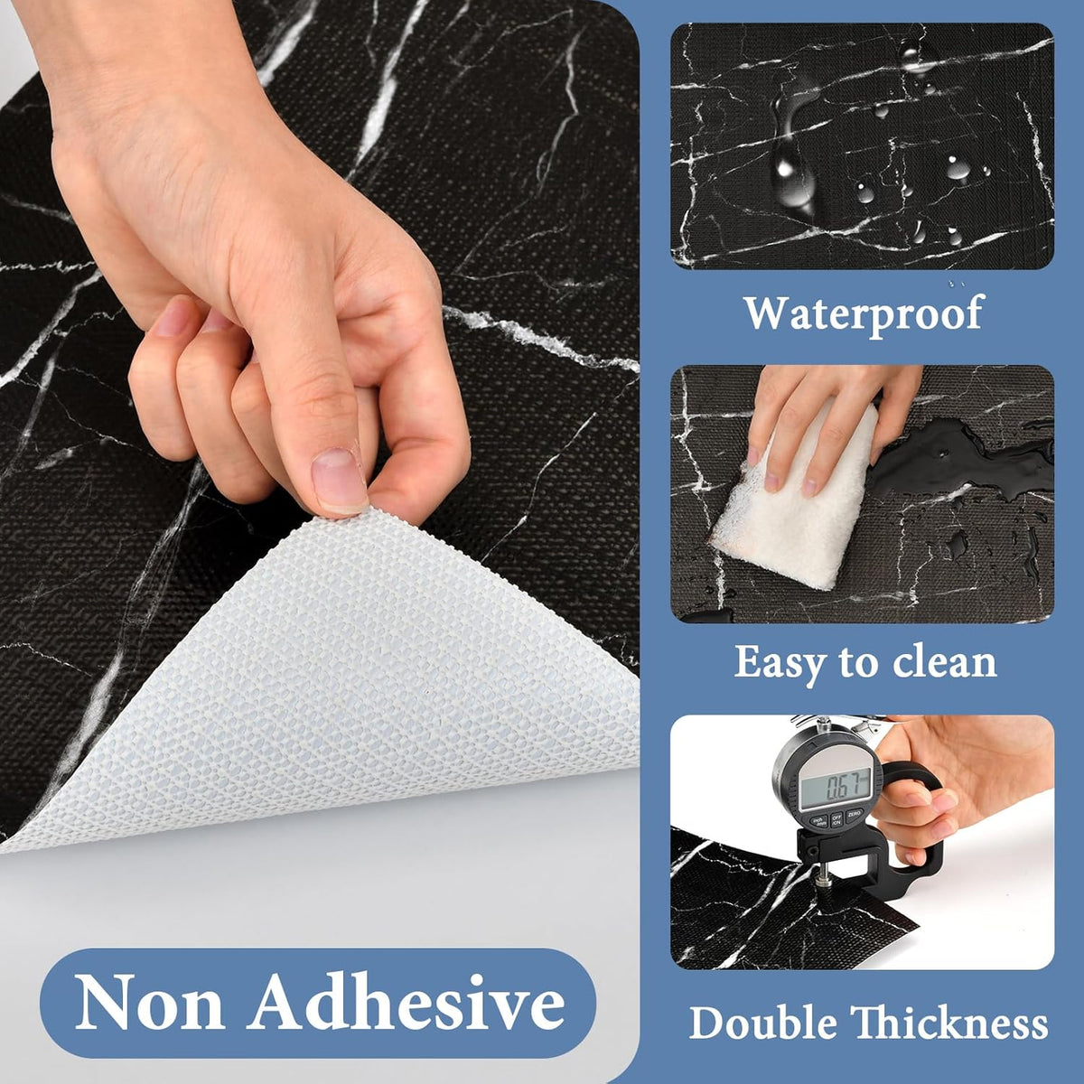 Drawer and Shelf Liner for Kitchen Cabinet: 17 in X 30 Ft Non Slip Waterproof Shelf Paper Non Adhesive Refrigerator Liners Black Marble Easy Liners for Bathroom with Knife Tape Measure