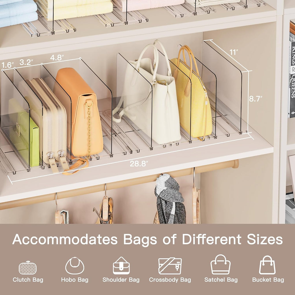 Criusia Adjustable Closet Purse Organizer Rack – 28.8" Extra-Long Shelf Divider with 6 Base Panels & 8 Dividers – Non-Slip Handbag Holder for Bags, Clothes, Kitchen, Office