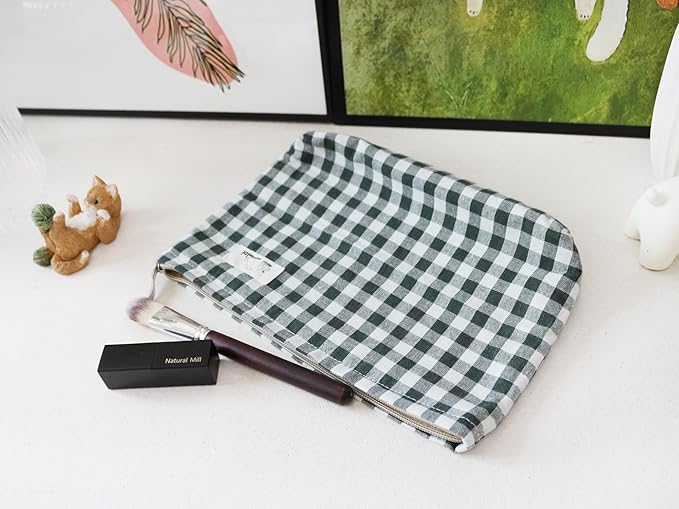 HAPPYHEIDI Dark Green Gingham Pouch Cotton Makeup Bag Cosmetic Travel Make Up Purse Organizer, Zipper Closure, Canvas Lined, Vintage Moss Green