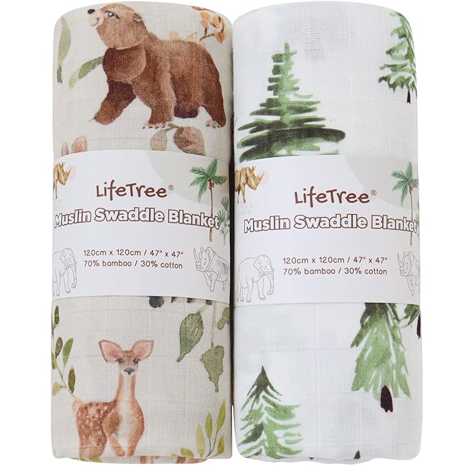 LifeTree Muslin Swaddle Blankets, Woodland Baby Swaddling Wrap Nursery Receiving Blanket for Boys & Girls Unisex, Soft 70% Viscose from Bamboo and 30% Cotton, Large 47 x 47 inches