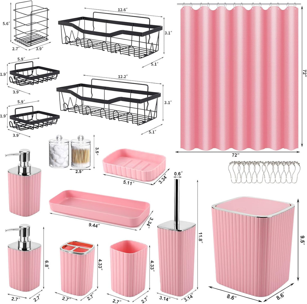 28PC Bathroom Set - Gorgeous Pink Bathroom Set, Bathroom Accessory Set, Pink Shower Curtain Set with 5PC Shower Caddies