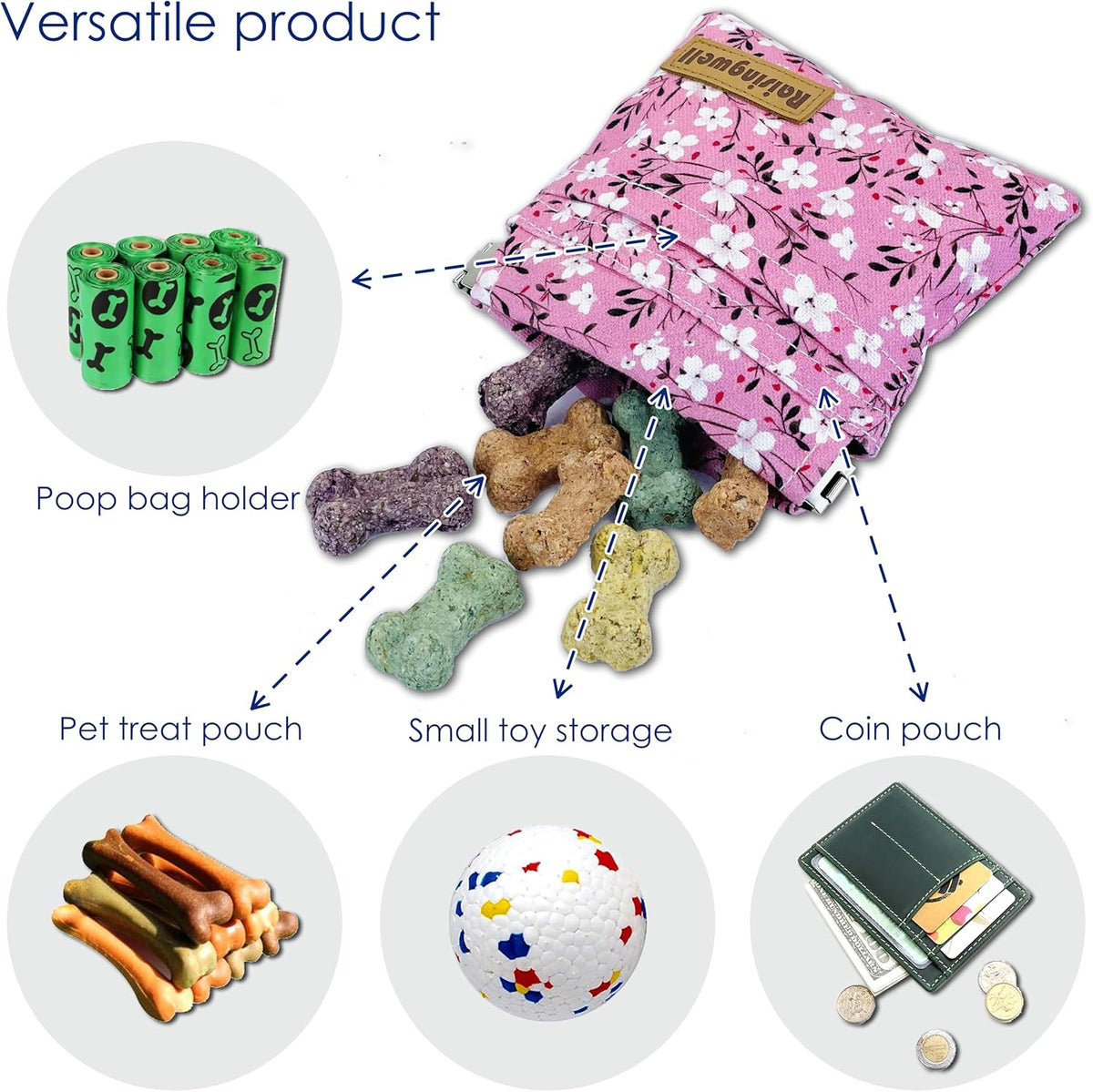 Dog Treat Pouch, Small Cotton Pocket Sized Training Holder, Hand Free Walking Fanny Bag with Carabiner, Self-Closing Pet Feed Snack Reward, Behavior Aids for Puppy Travel or Outdoor Use