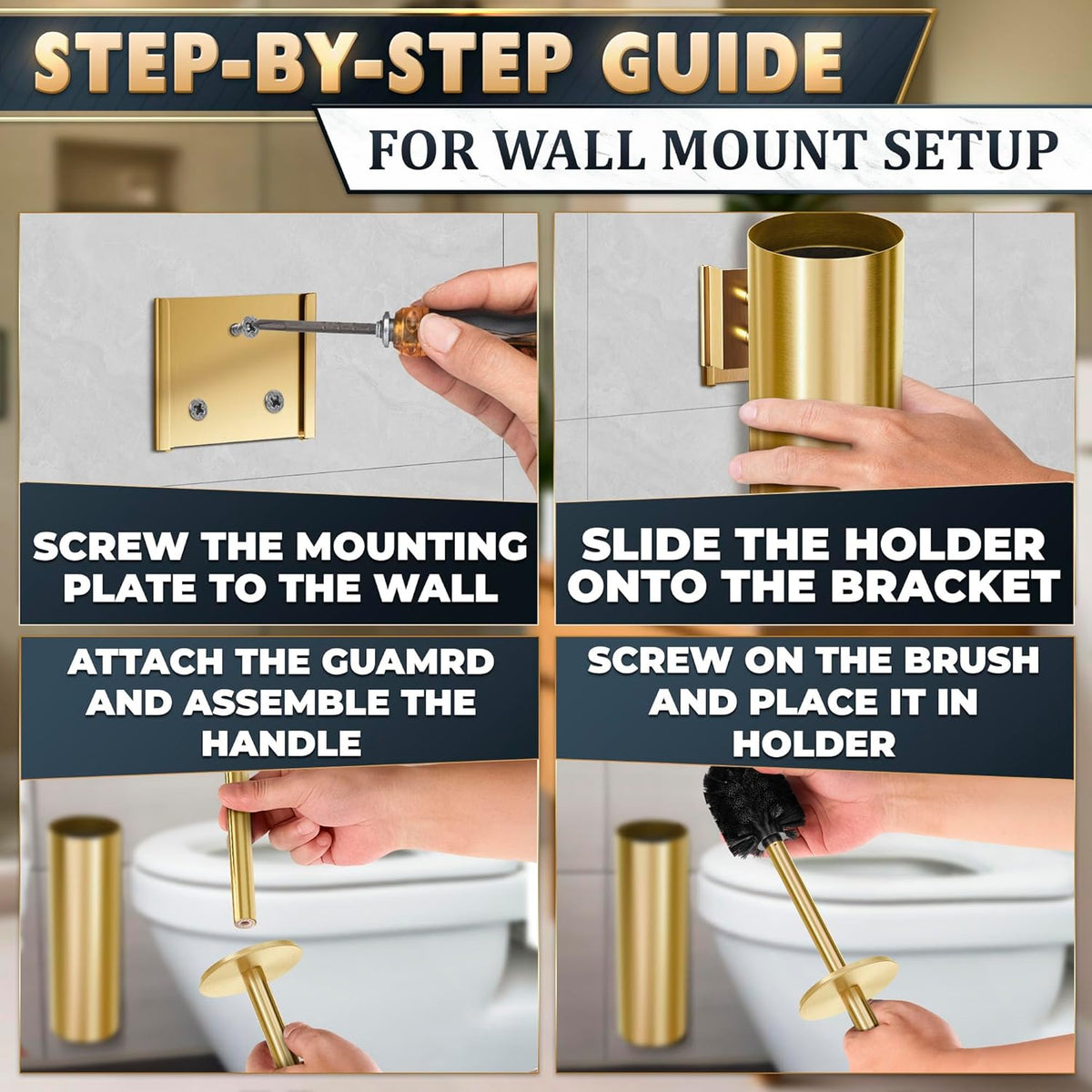 Gold Toilet Brush and Holder Set with Wall Mount - Modern Wall Mounted Toilet Brush Made from Corrosion-Resistant Stainless Steel - Removable Inner Bowl, Splash Protection & Dense Bristles Supplied