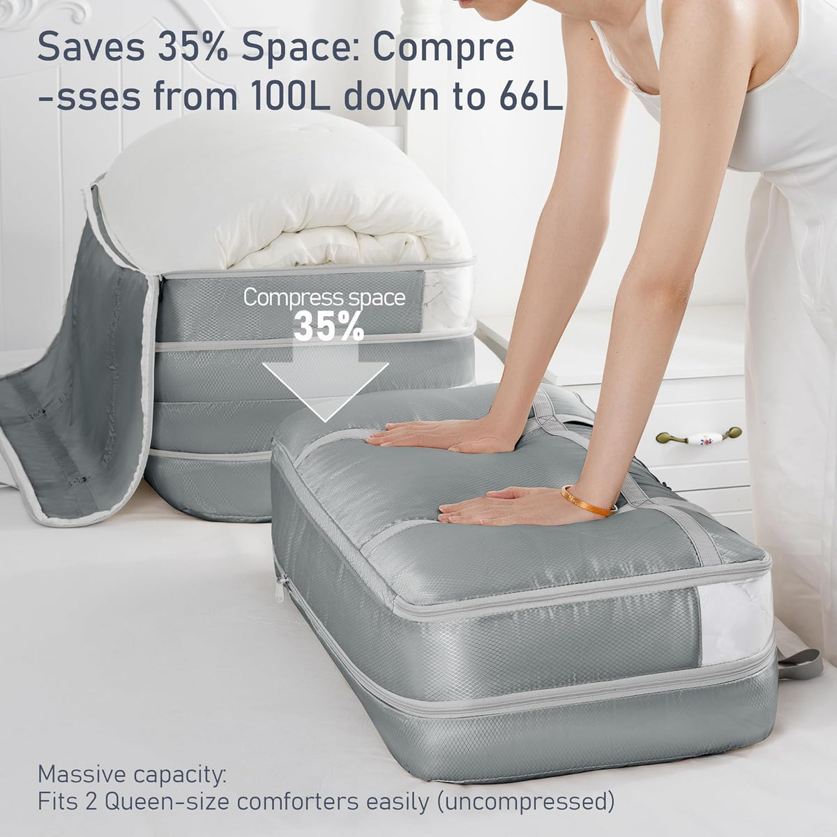 DIMJ Compression Moving Bags - Extra Large Heavy Duty Comforter Storage Bag with Window, Packing Totes With Strong Handles & Zipper, Space Saving Box Containers For Blanket, Clothes, Bedding, 4Pack