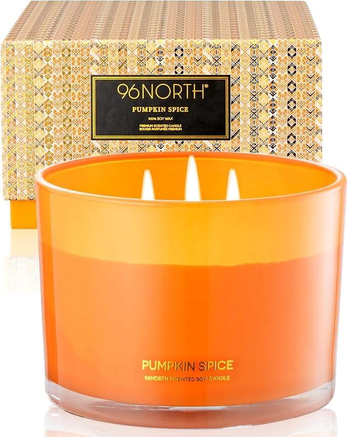 96NORTH Luxury Pumpkin Soy Candle | Large 3 Wick Jar Candle | Halloween & Fall Decor | Up to 40 Hours Burning | 100% Natural Soy Wax | Relaxing Aromatherapy Candle | Halloween Fall Candle Gift