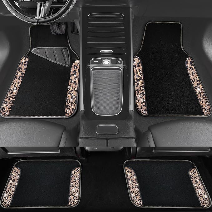CAR PASS Bling Diamond Car Floor Mats, Shining Rhinestone Carpet Sparkly Glitter Crystal with Anti-Slip PVC Heel Pad Waterproof Universal Fit Automotive SUV,Sedan,Van,Cute Girl Women,4pcs Gold Leopard