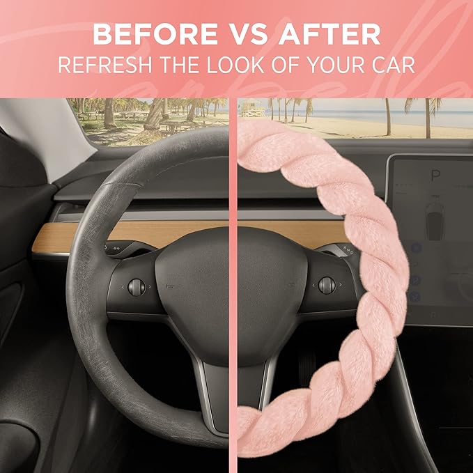 Carbella Twisted Fur Soft Pink Steering Wheel Cover, Standard 15 Inch Size Fits Most Vehicles, Fuzzy Fluffy Car Steering Cover with Soft Faux Fur Touch, Car Accessories for Women