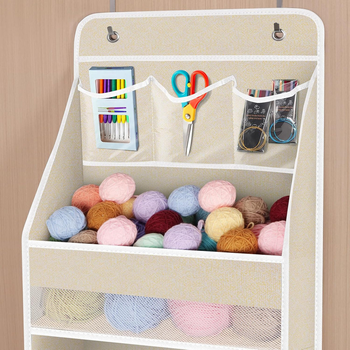 Univivi 6-Shelf Over Door Hanging Organizer Fabric Baby Door Storage with 5 Large Pockets and 3 Small PVC Pockets Wall Mount Hanging Storage Organizers for Baby Essential (Beige)