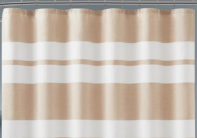Warm Home Designs White Waffle Shower Curtain with Tan Fabric Stripes. Each Waffle Weave Shower Curtain Measures 70 x 72 Inches. Striped White & Linen Brown Shower Curtains for Bathroom. W Linen 72"
