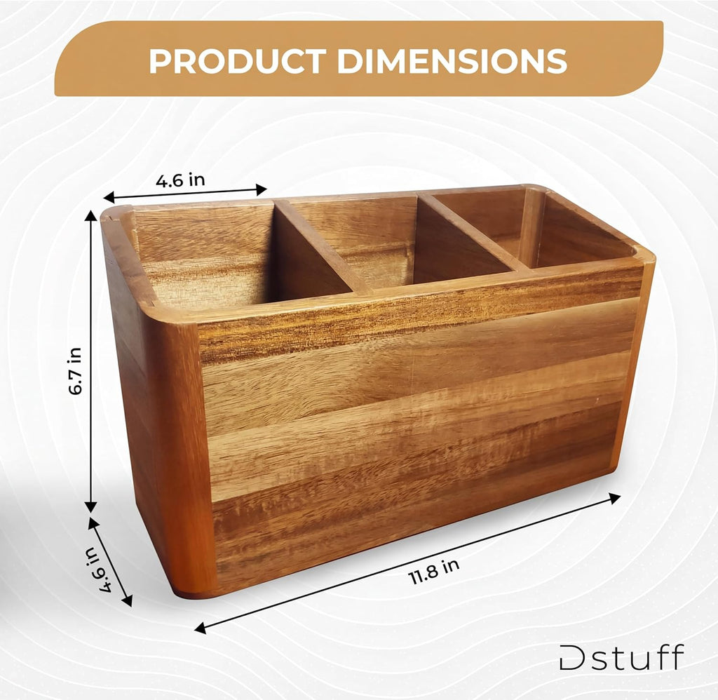 Dstuff Large Kitchen Utensil Holder Organizer for Counter or Countertop, Large Wooden Utensil Holder for Storage Cooking and Silverware with 3 Compartment, Acacia Rustic Wood Container Extra Large