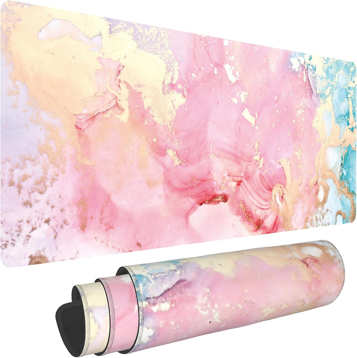 Cute Pink Marble Large Mouse Pad,Gaming Keyboard Desk Pad,Extended Mouse Mat Non-Slip Rubber Base with Stitched Edges for Office Game Home XL 31.5"x11.8"