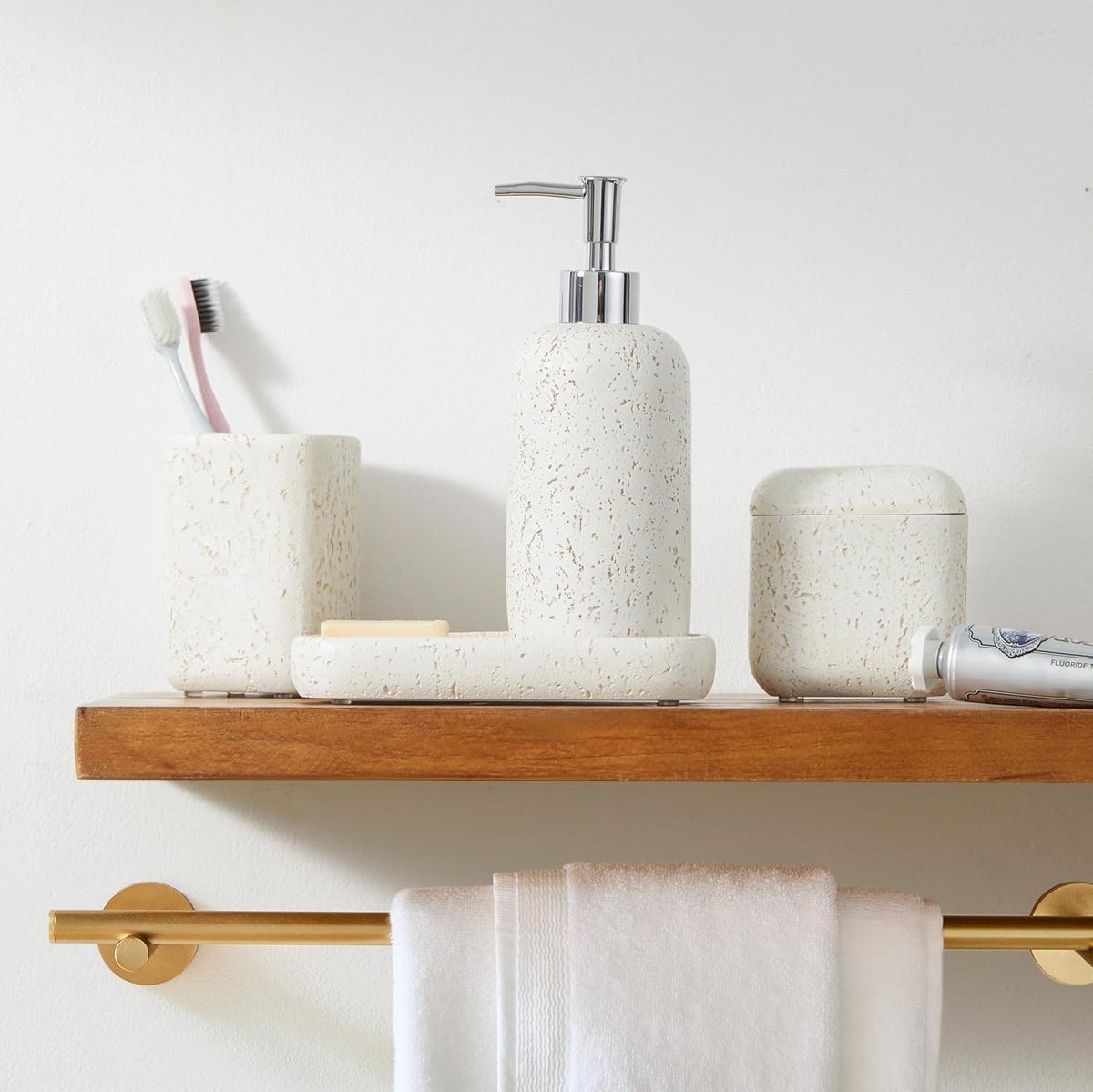 4-Pieces Bathroom Accessory Set Hight Quality Polyresin Ensemble-Lotion Dispenser/Toothbrush Holder/Cotton Jar/Soap Dish, Cream Color