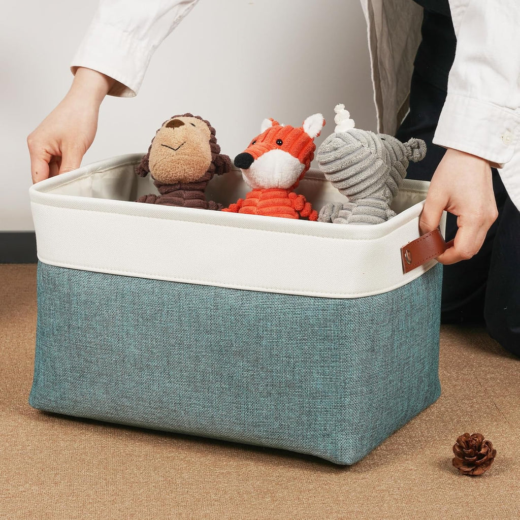 DULLEMELO Storage Baskets for Organizing,Rectangular Fabric Storage Bins with Handles for Office,Bedroom(3-Pack -15 inch X 11 inch X 9.5 inch, White&Dark Green)